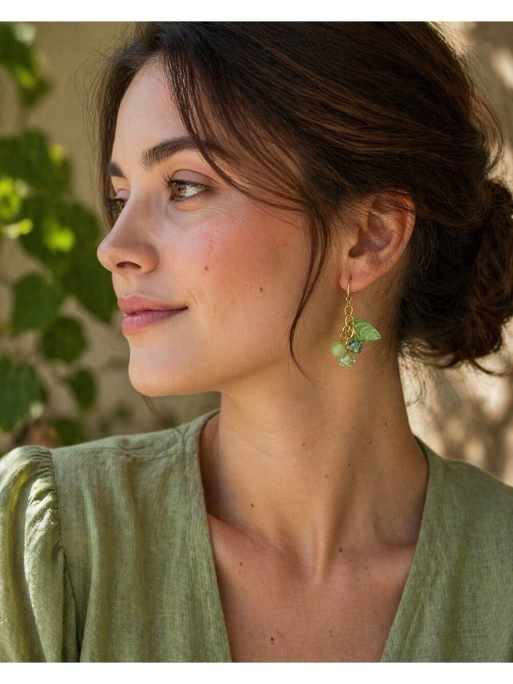 REIMAGINED Gooseberry Green Beaded Dangle Earrings 2” Gold Tone Hypoallergenic - Picture 3 of 6